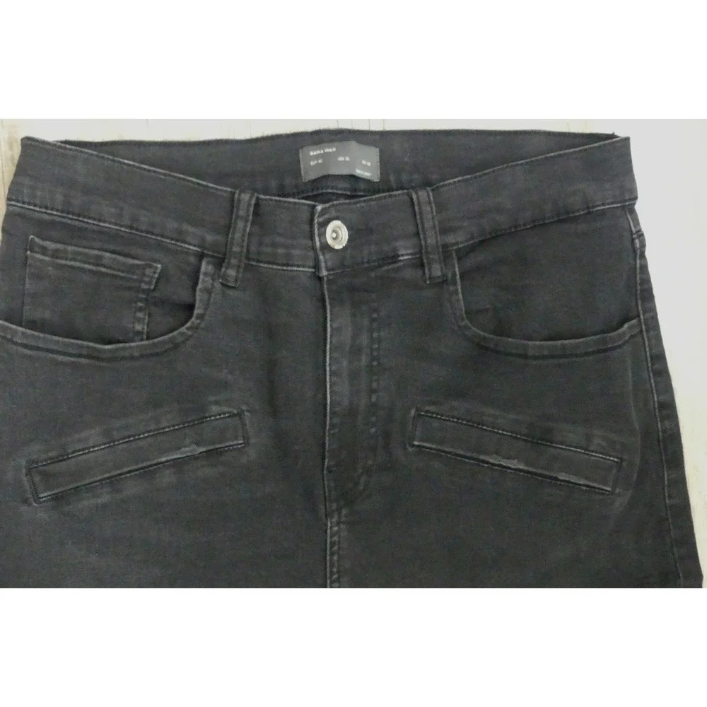 Zara Man Black Distressed Jeans On The Road Zipper Moto Denim Grunge 31